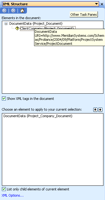 XML Structure dialog box. Select document data element.