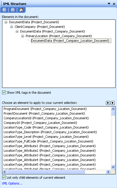 XML Structure dialog box, insert elements.