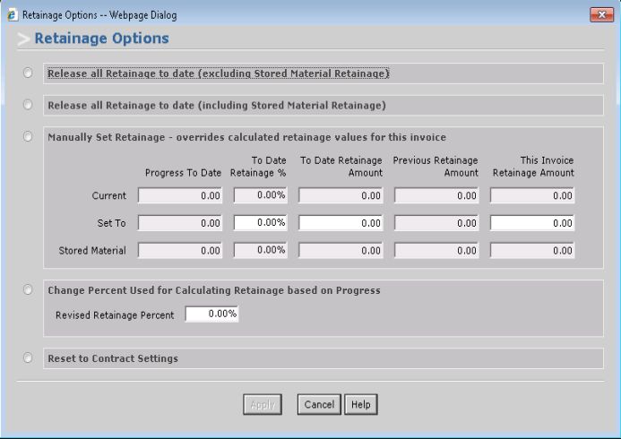 Retainage Options Dialog