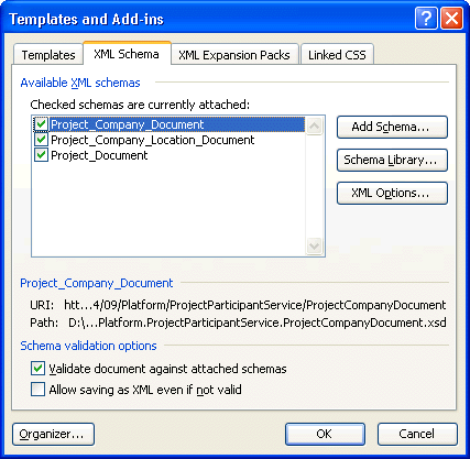 Templates and Add-ins dialog box - XML Schema tab.